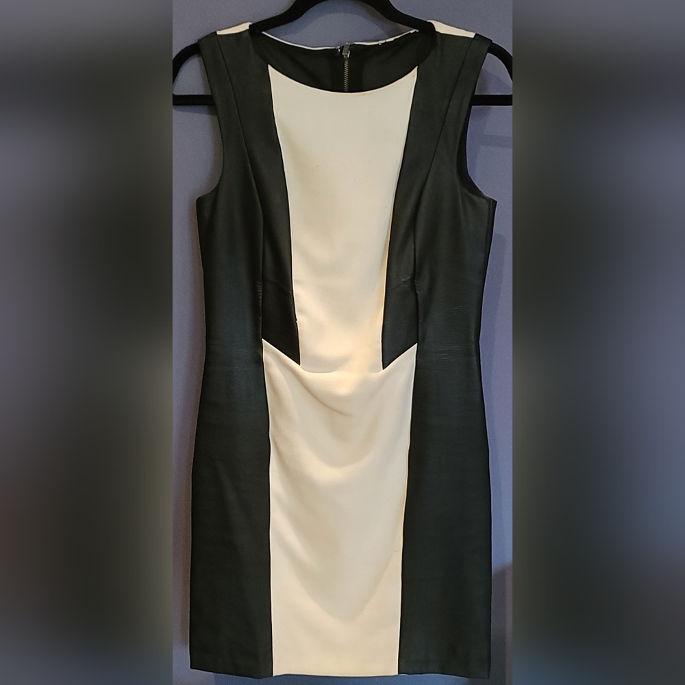 😍 H&M FAUX BLACK LEATHER COLOR BLOCK CREAM DRESS